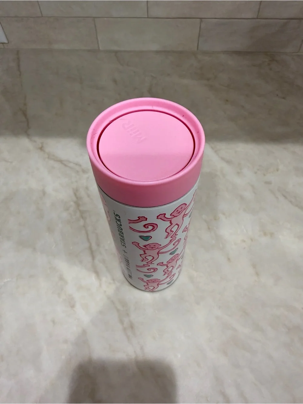 Roller Rabbit Pink & White Monkey Pattern Insulated Tumbler